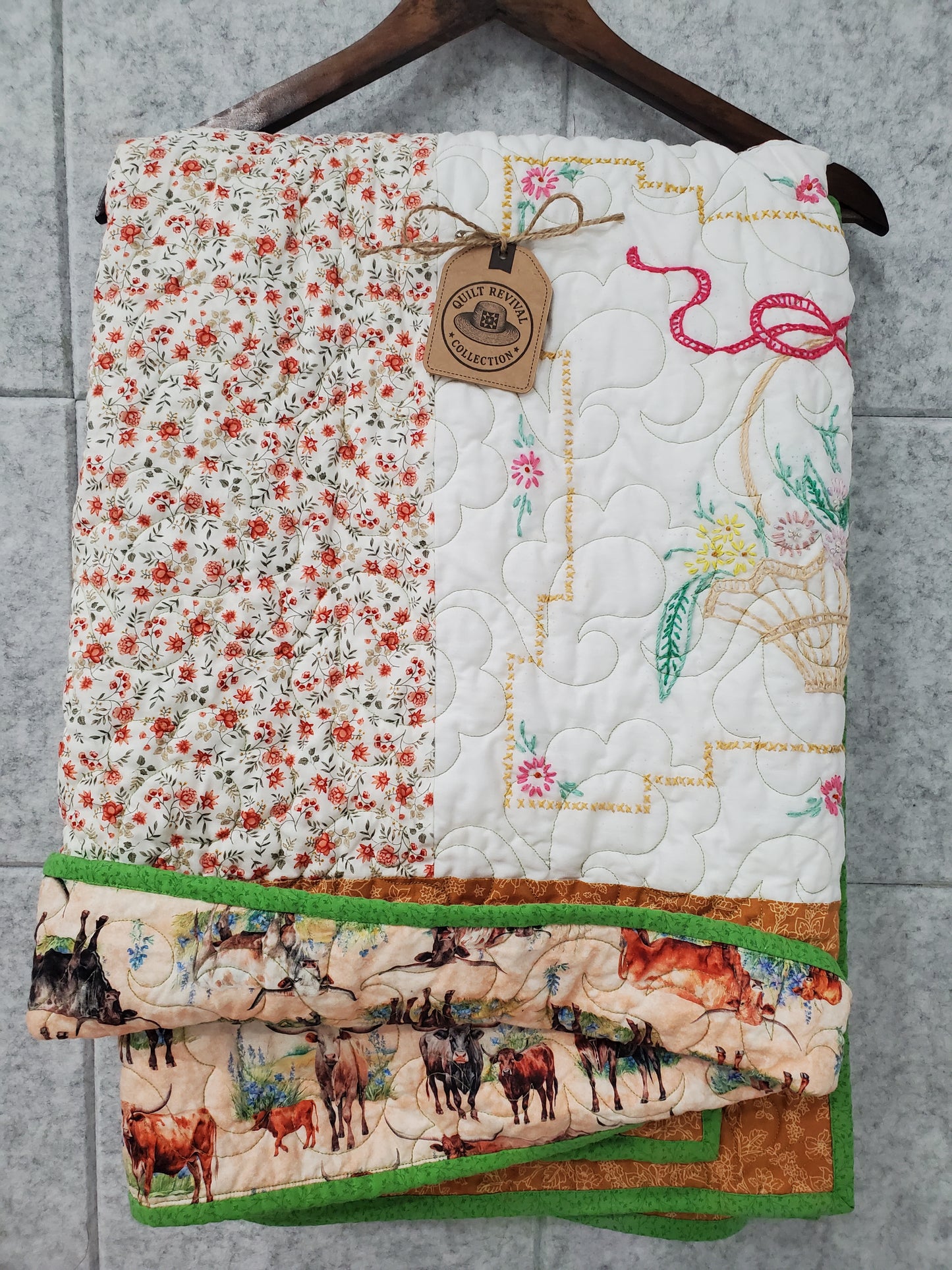 Revival Quilt- "Texas Wildflowers in a Basket" 62"x80"