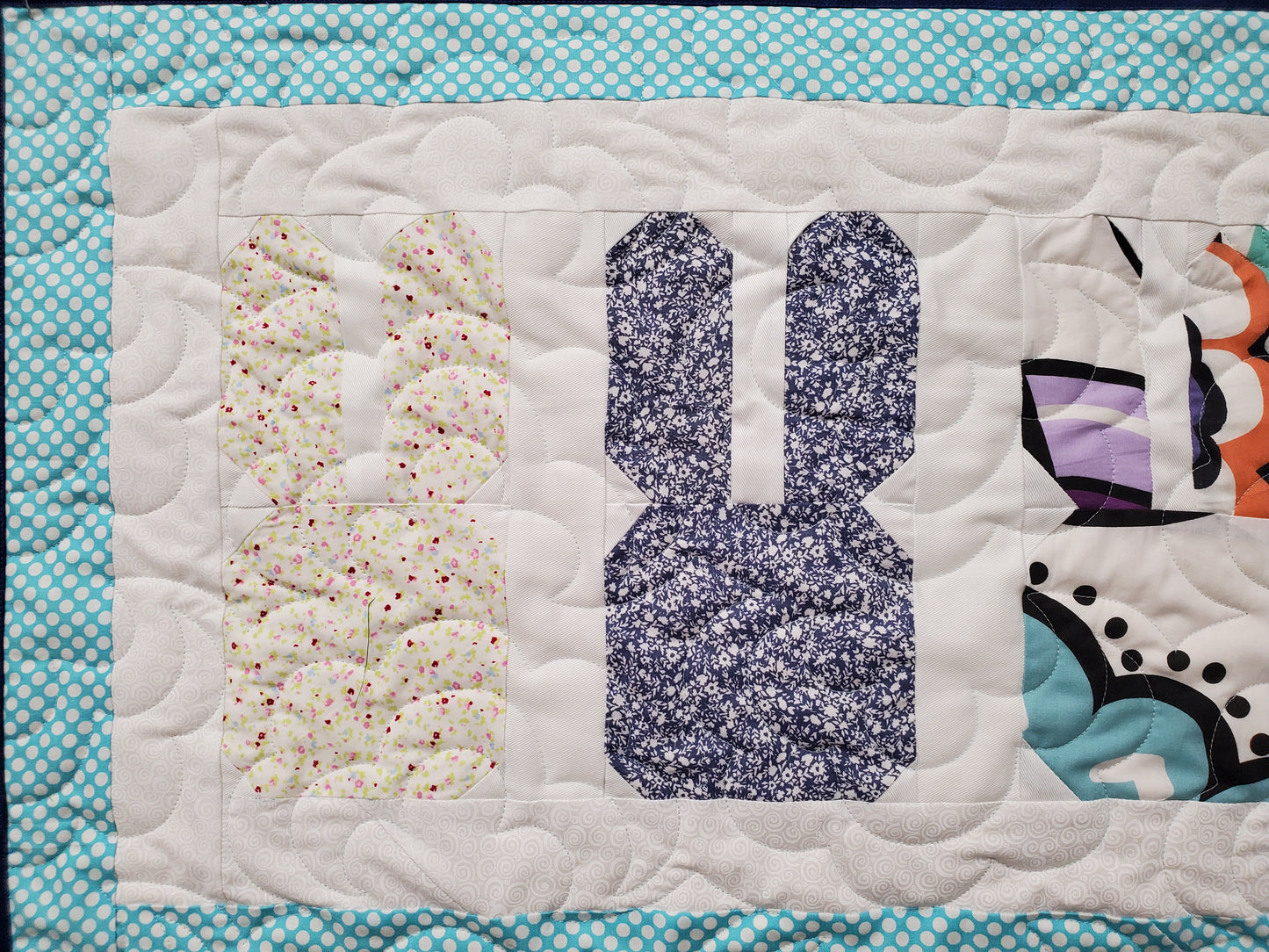 Bunnies & Carrots Quilted Table Runner- Blue Border