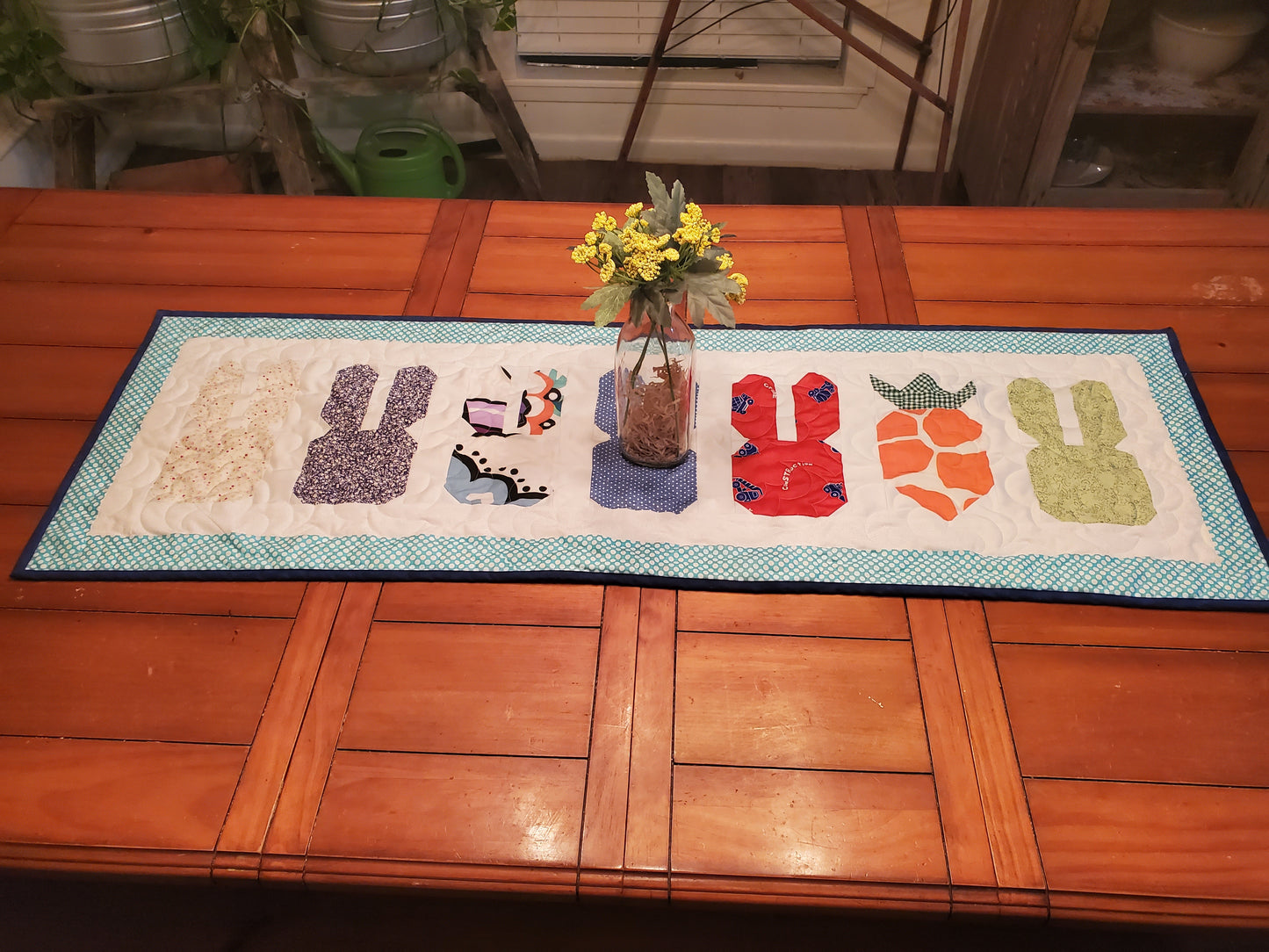 Bunnies & Carrots Quilted Table Runner- Blue Border