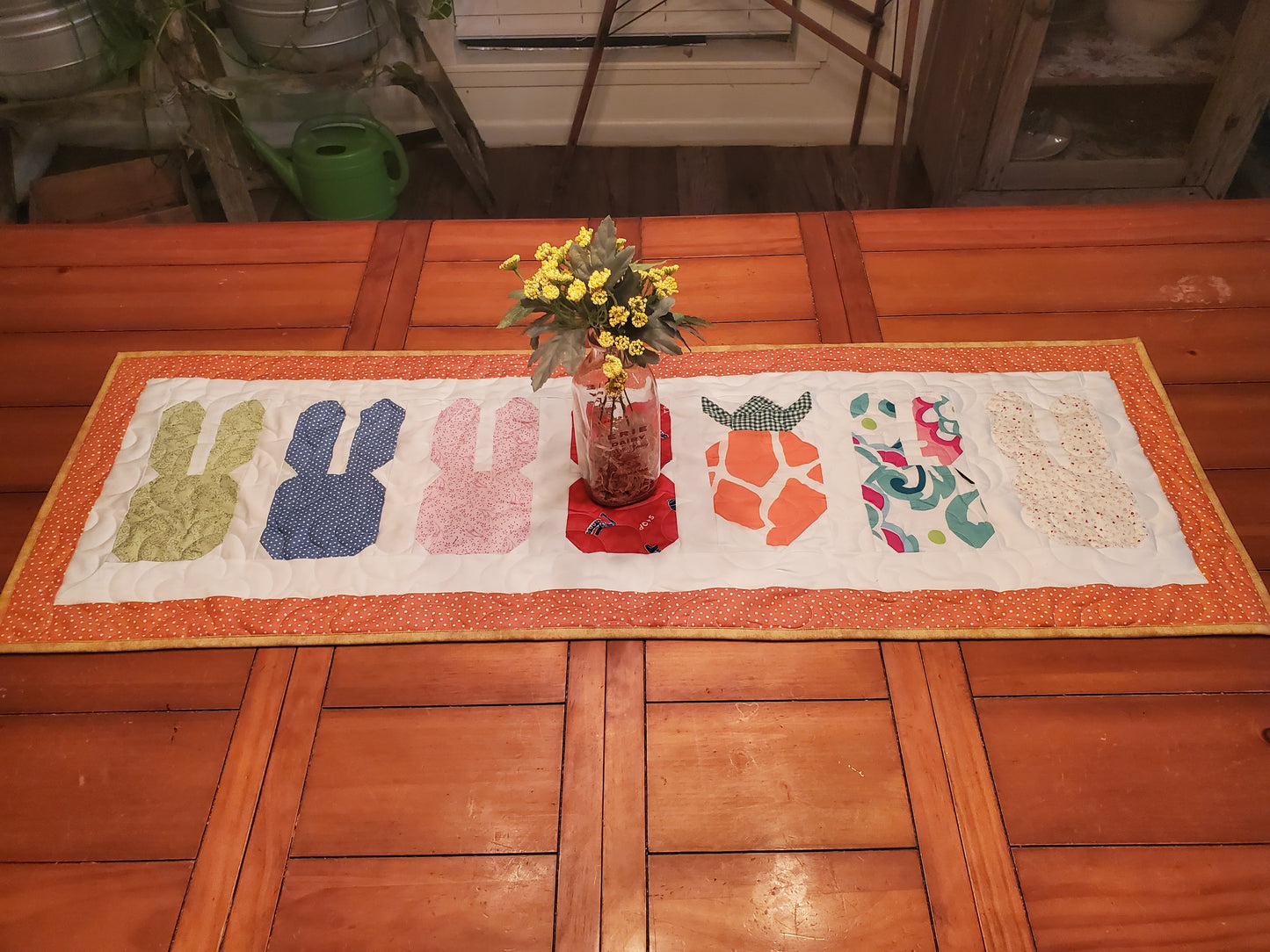 Bunnies & Carrots Quilted Table Runner- Orange Border