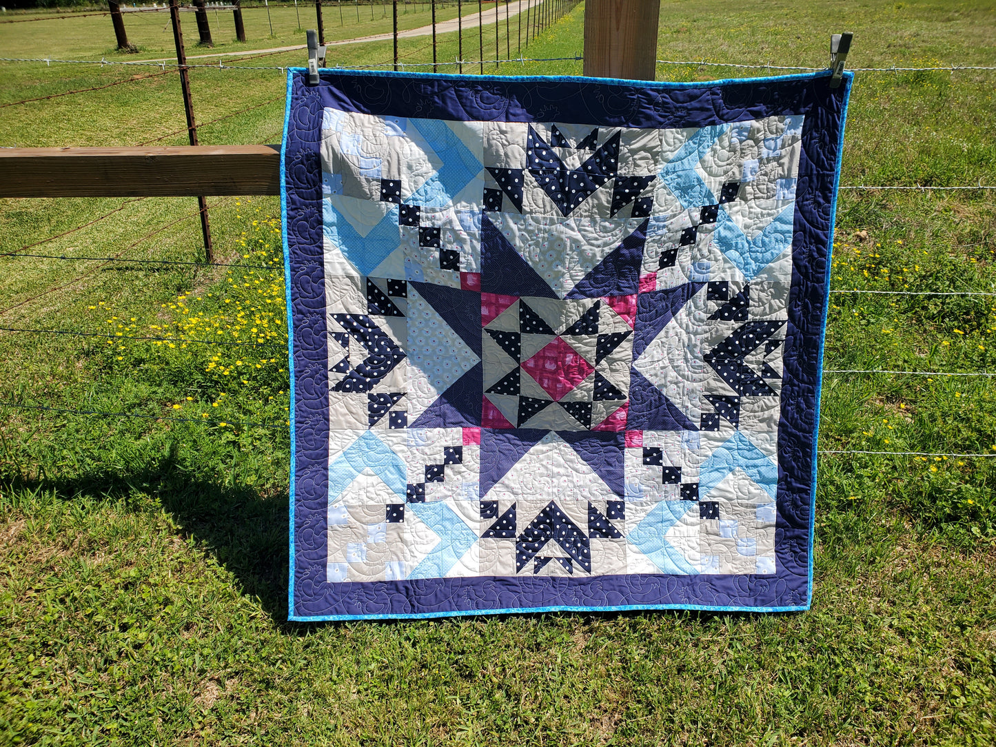 Reversible Starburst and Chickens Quilt- 50"x50"