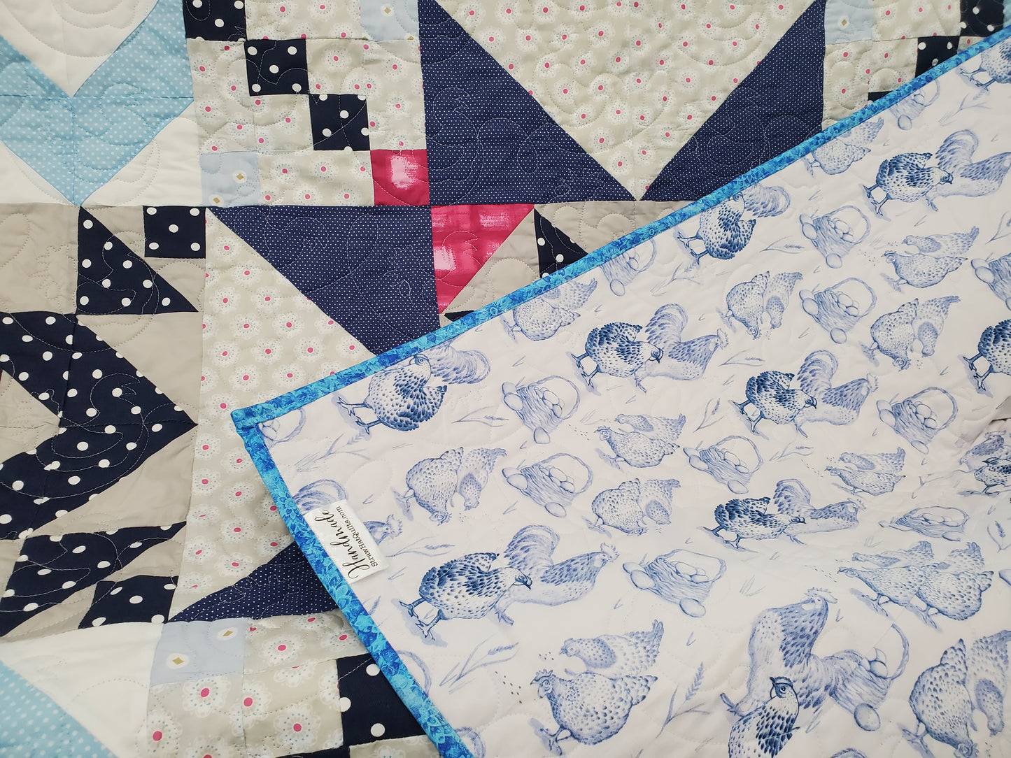 Reversible Starburst and Chickens Quilt- 50"x50"