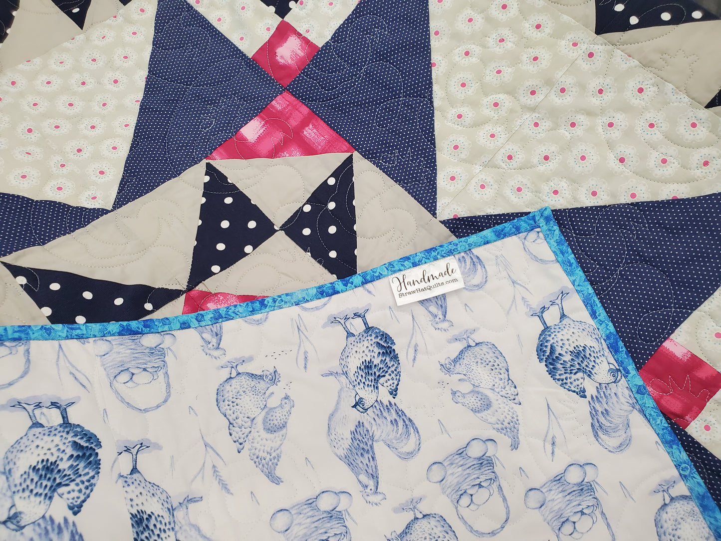 Reversible Starburst and Chickens Quilt- 50"x50"
