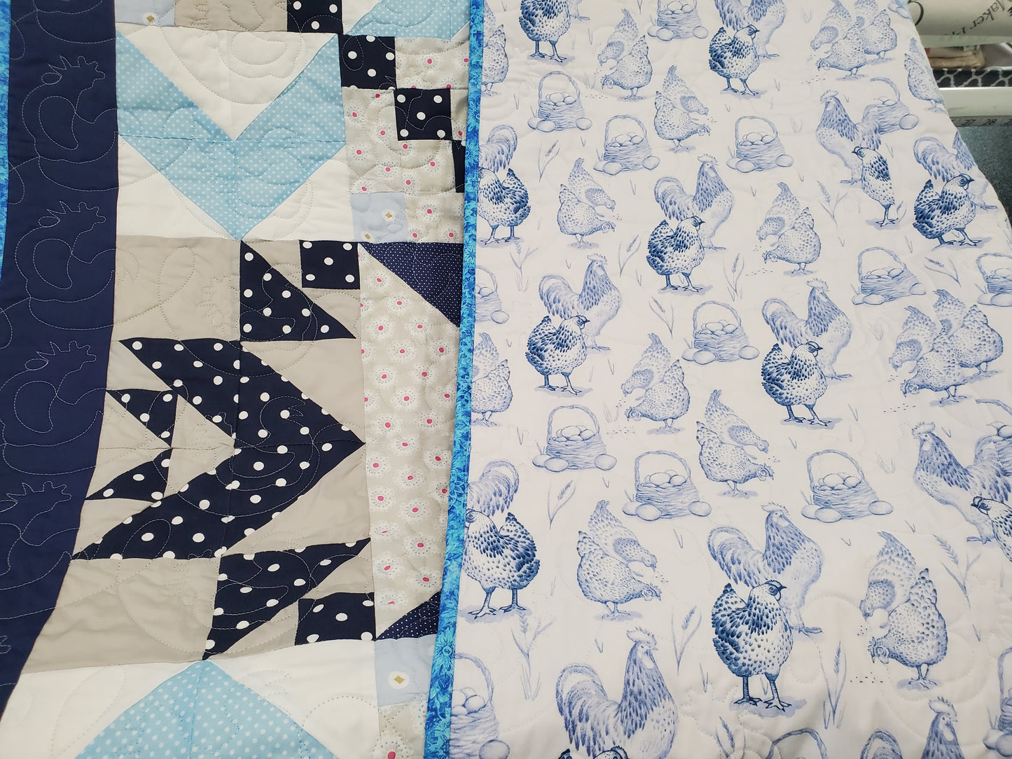 Reversible Starburst and Chickens Quilt- 50"x50"