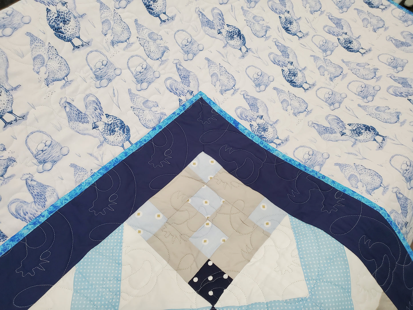 Reversible Starburst and Chickens Quilt- 50"x50"