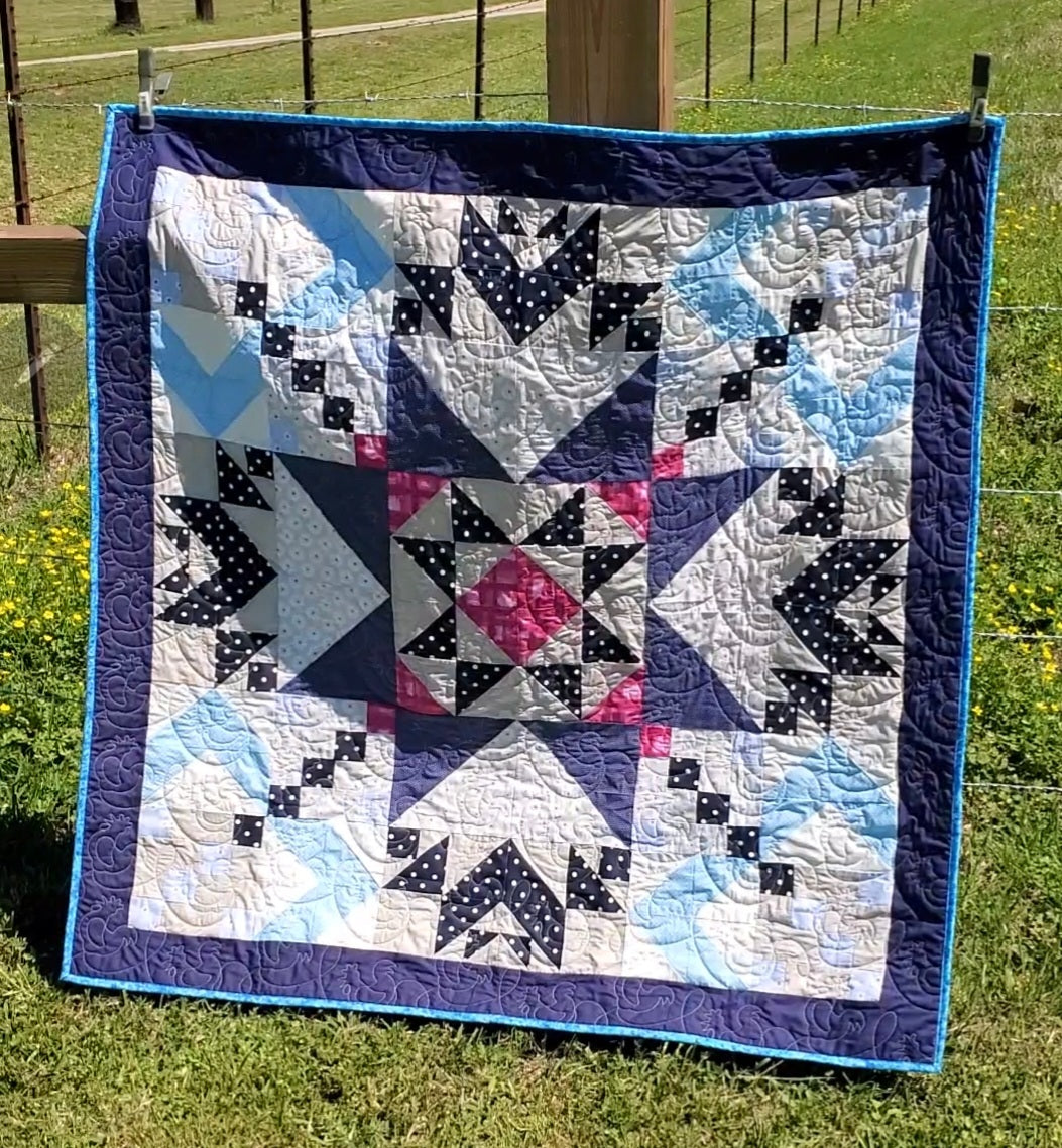 Reversible Starburst and Chickens Quilt- 50"x50"